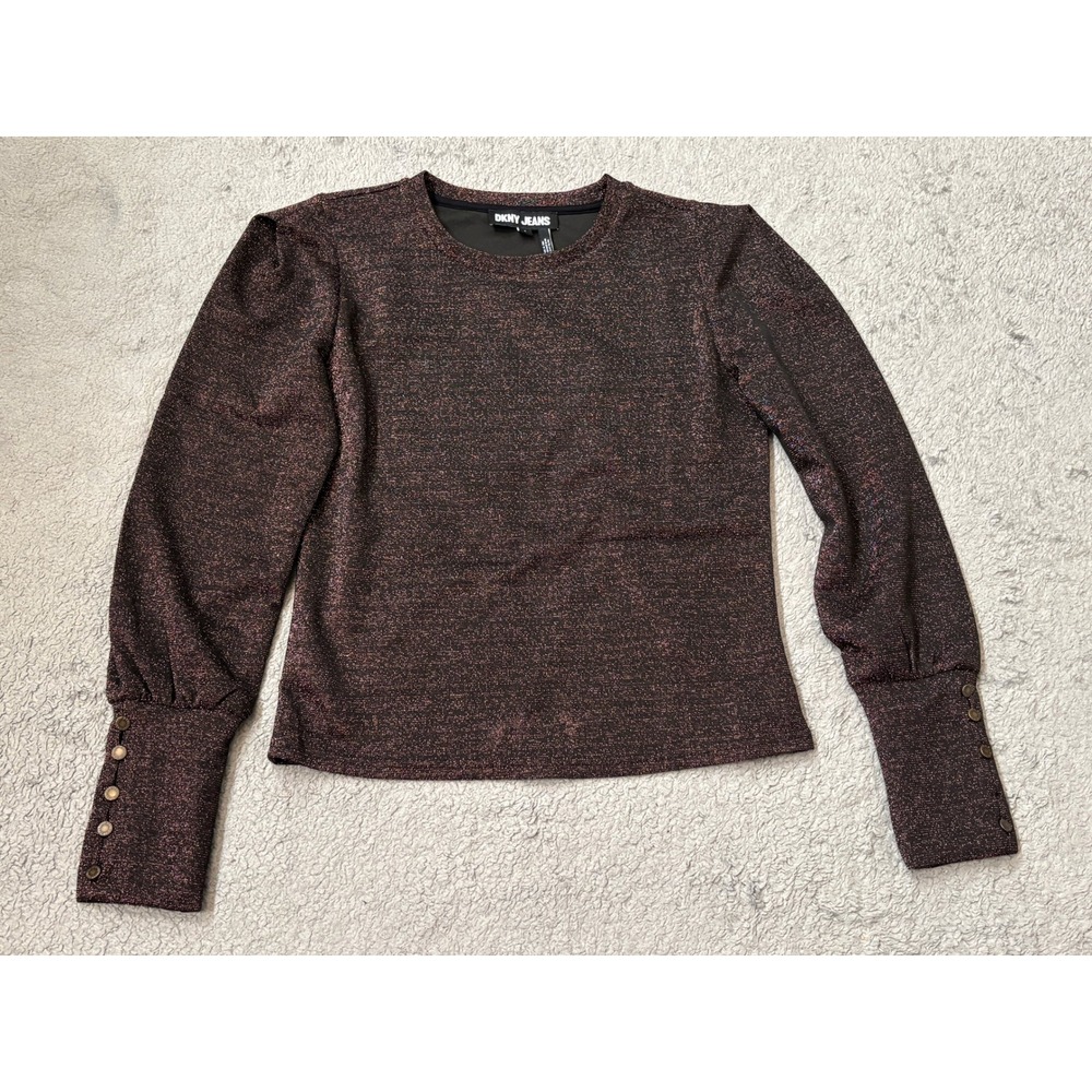 DKNY Jeans Womens Small Metallic Shimmer Puff Sleeve Button Cuff Knit Top Brown